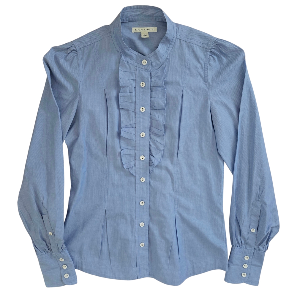 Banana Republic Ruffle Button Down Shirt Womens Size 2 Blue 100% Cotton